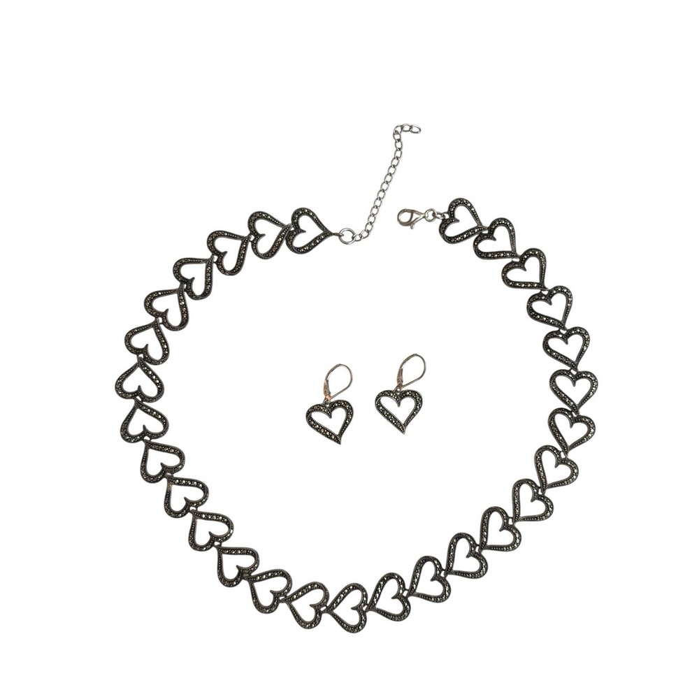 925A Sterling‎ Silver MCM Open HEART Marcasite linked Collar Necklace Earrings